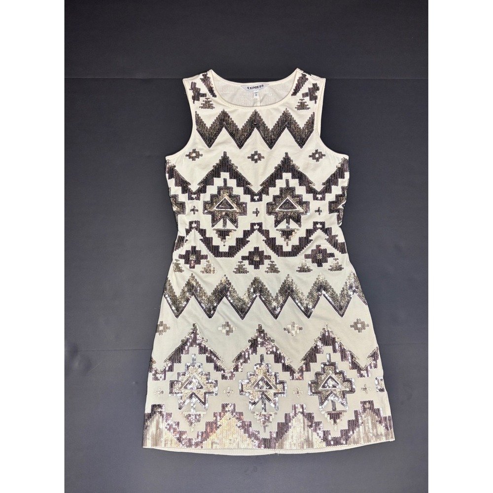 Express Tribal Sequin Aztec Sheath Dress - White & Silver Sleeveless Size Med - Picture 2 of 6